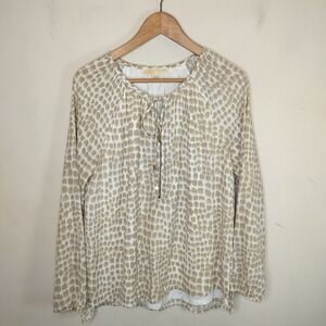 Michael Kors Top Taupe White Print Zip Up Tasseled
